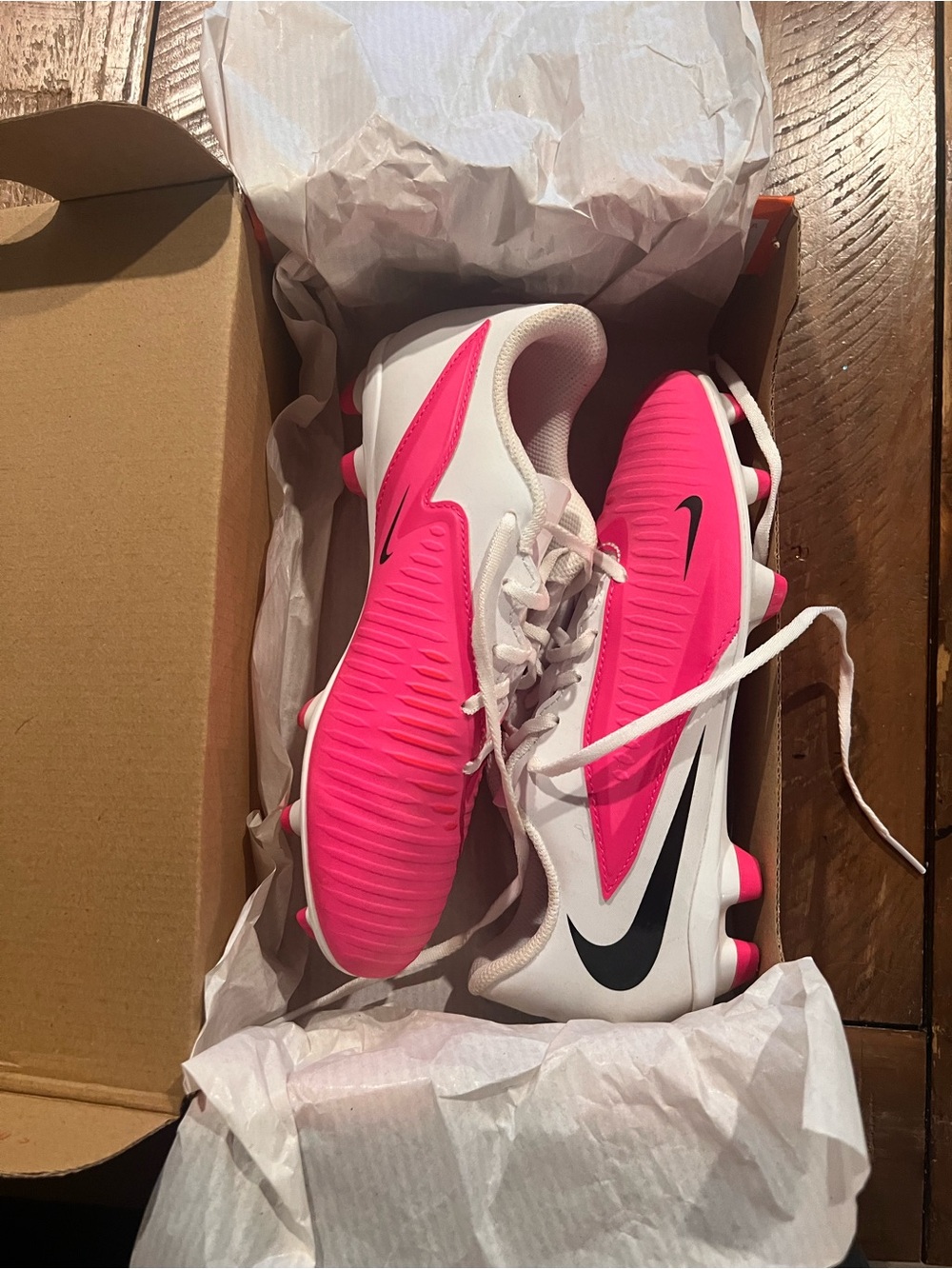 Nike Women's Hot Pink and White Soccer Cleats with Black Swoosh